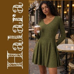 NWT Halara Olive Ribbed Long Sleeve Fit & Flare Dress XL Fall Mini